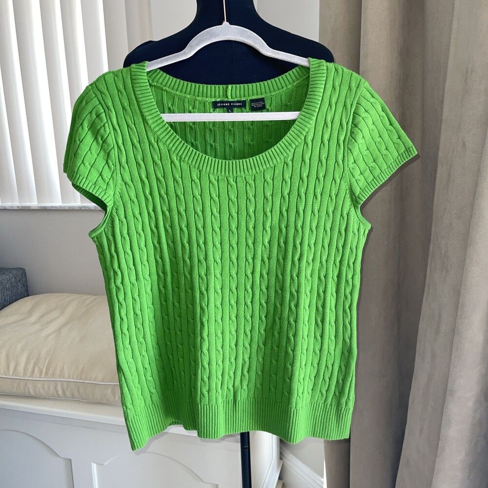 Jeanne Pierre Cable Knit cotton Short Sleeve Sweater Top Green L